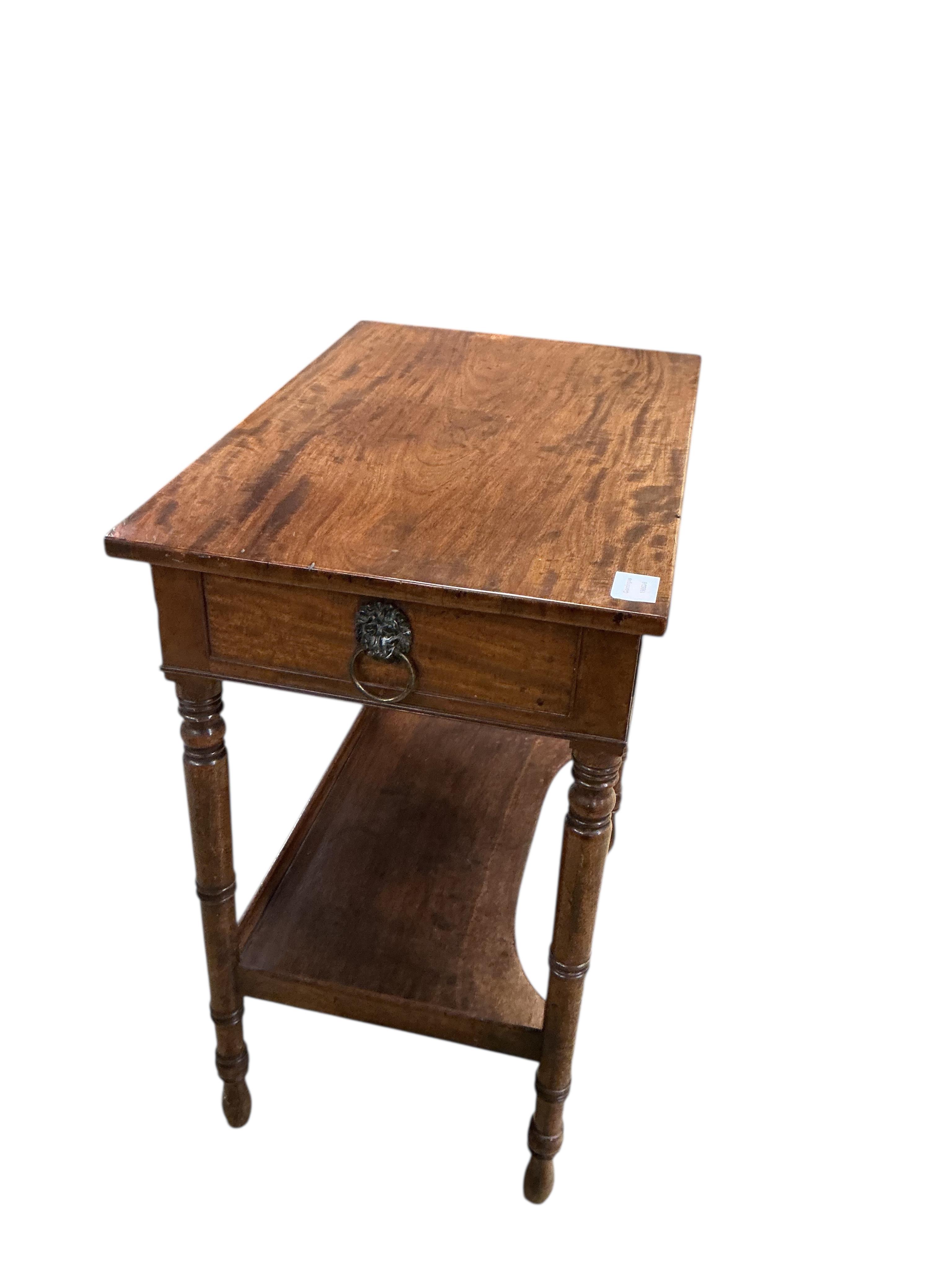A Regency rectangular mahogany two tier side table, width 62cm, depth 41cm, height 74cm
